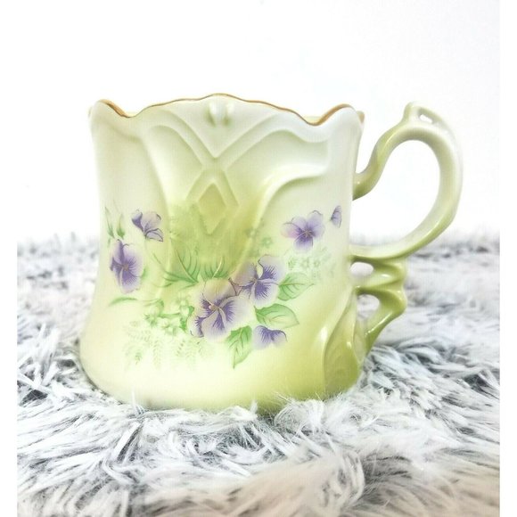 Antique Nippon Hand Painted Porcelain Floral Triple Handle Shaving Mug - Picture 1 of 7
